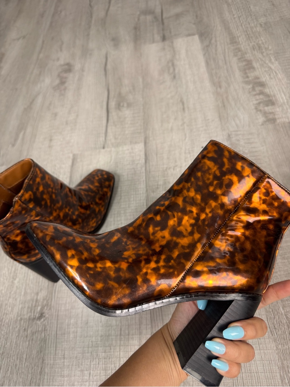 Nasty Gal Tortoiseshell Patent Ankle Boots Block Heel Square Toe Women’s US 9 - Picture 13 of 16
